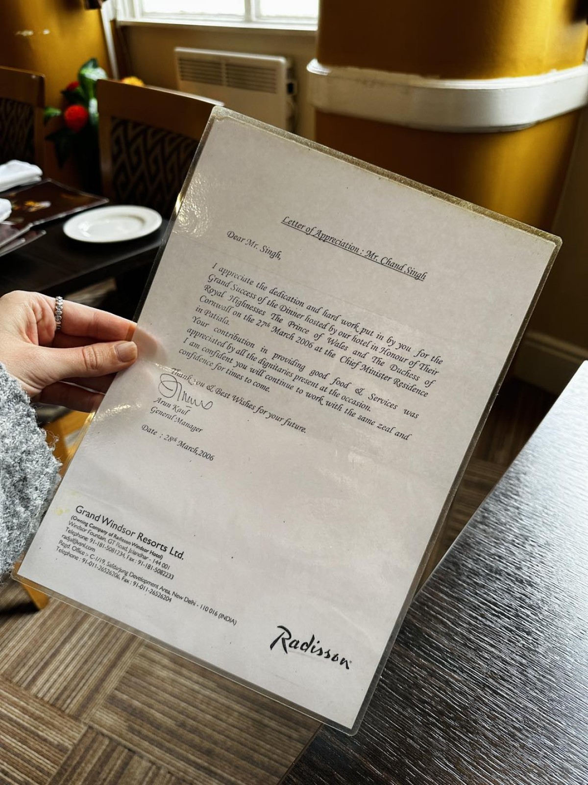 Chef Chand's letter from King Charles III